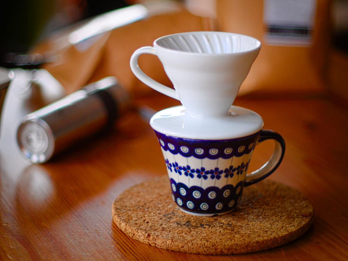 A HARIO V60 dripper photographed from above